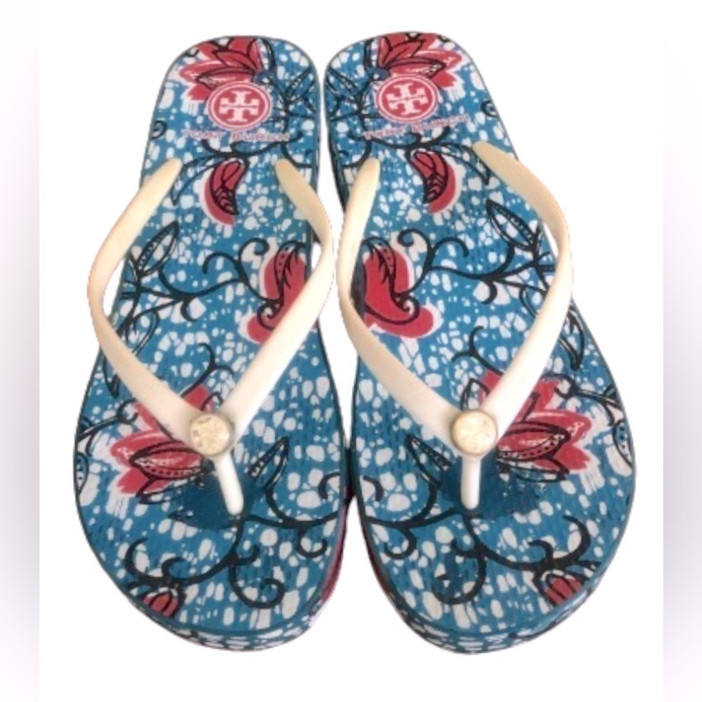 Tory Burch blu & burg floral 1.5” platform flip flops w cream straps SZ 10.5
